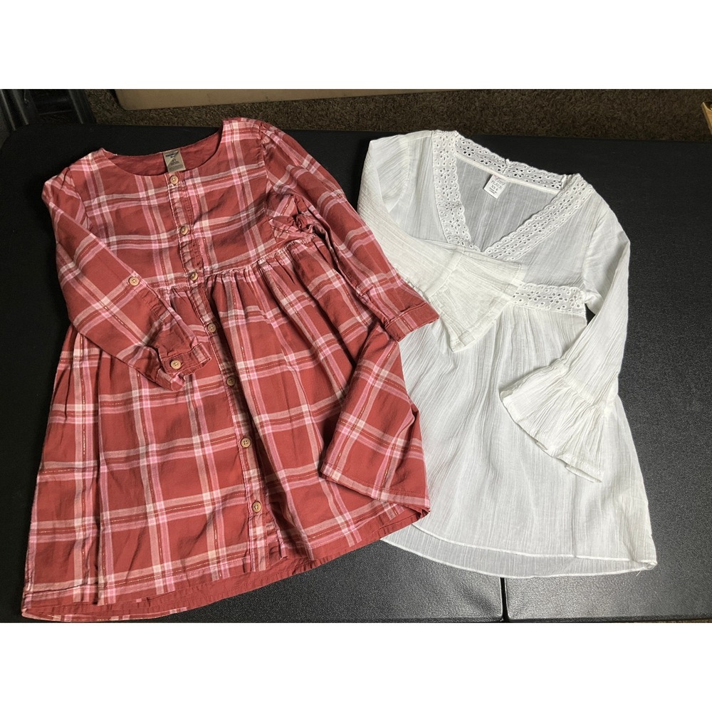 OshKosh B'gosh Red Plaid Button Front Dress Toddler Girls Size 4T Set of 2‎